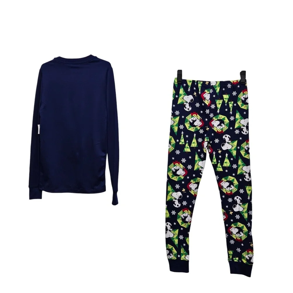 Peanuts Snoopy Pajama Set Kids 12 Navy Blue Christmas Holiday Snug Fit Sleepwear
